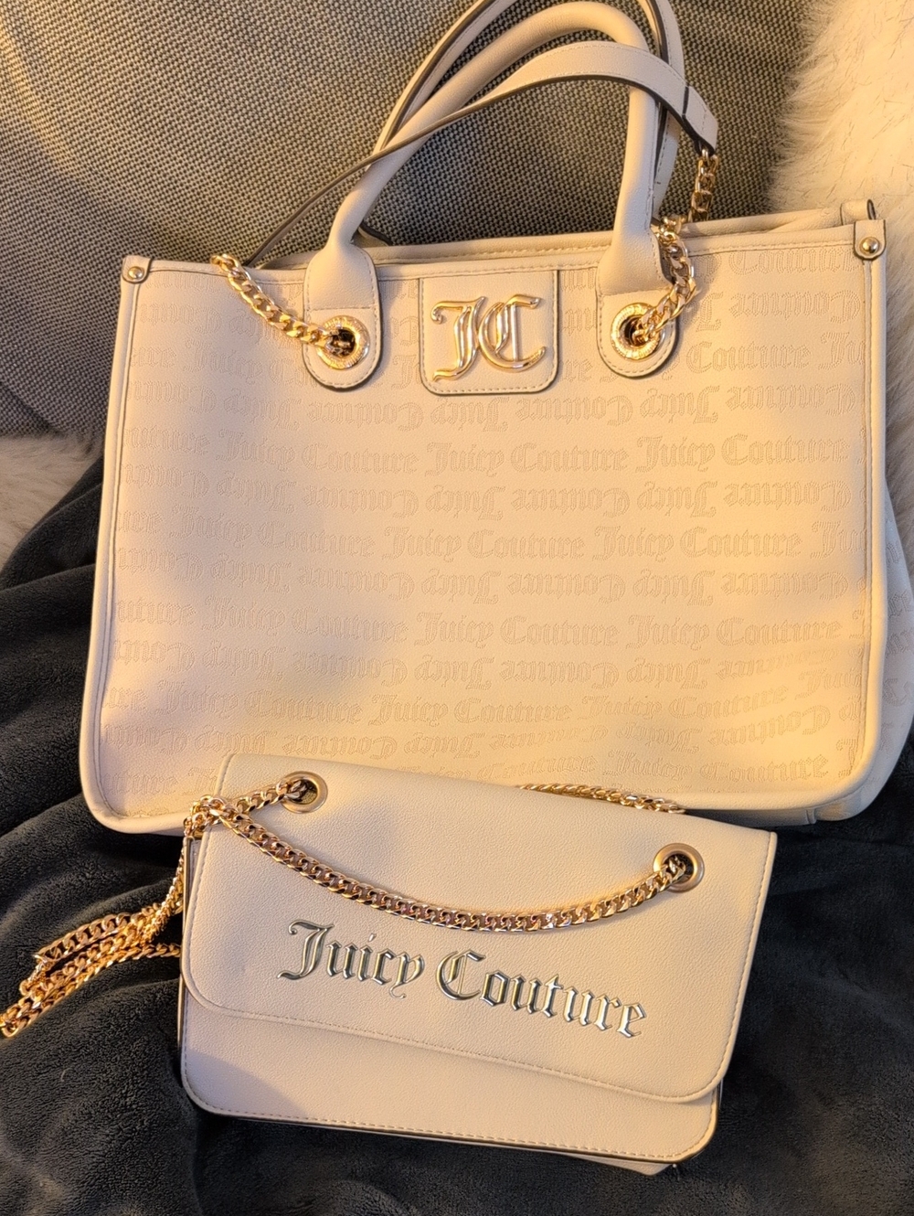 Juicy Couture Cream Tote with Gold Chain Strap With A Small Clutch Matching Bag